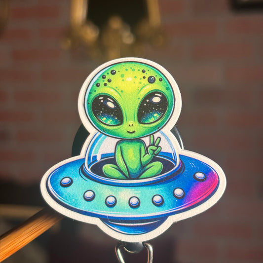 Alien in saucer - Acrylic Badge Reel