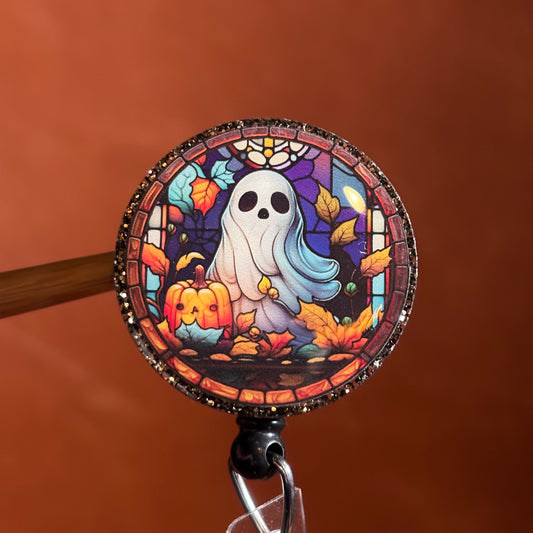 Halloween Round Ghost stained glass Badge Reel
