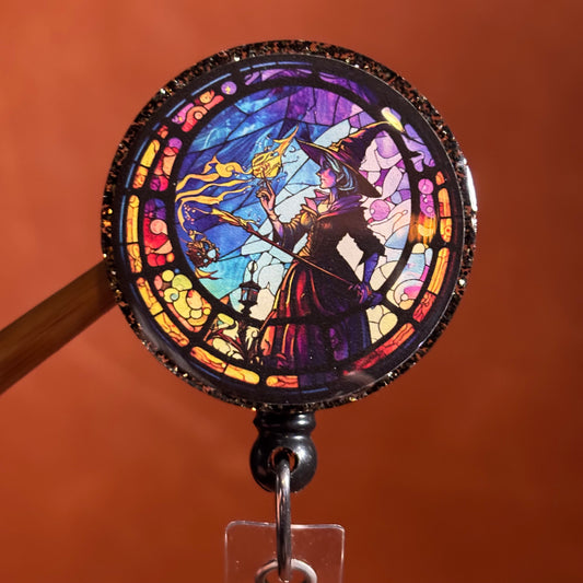 Halloween Round Witch stained glass Badge Reel