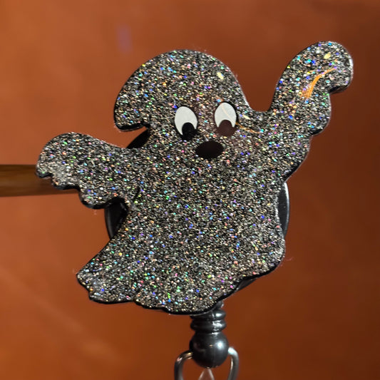 Halloween Glittery Silver Ghost Badge Reel